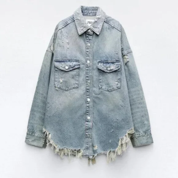 ZARA RIPPED TRF DENIM OVERSHIRT